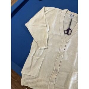 VTG Wool Cardigan Sweater Size L Cream Knit Varsity Pockets CottageCorp
